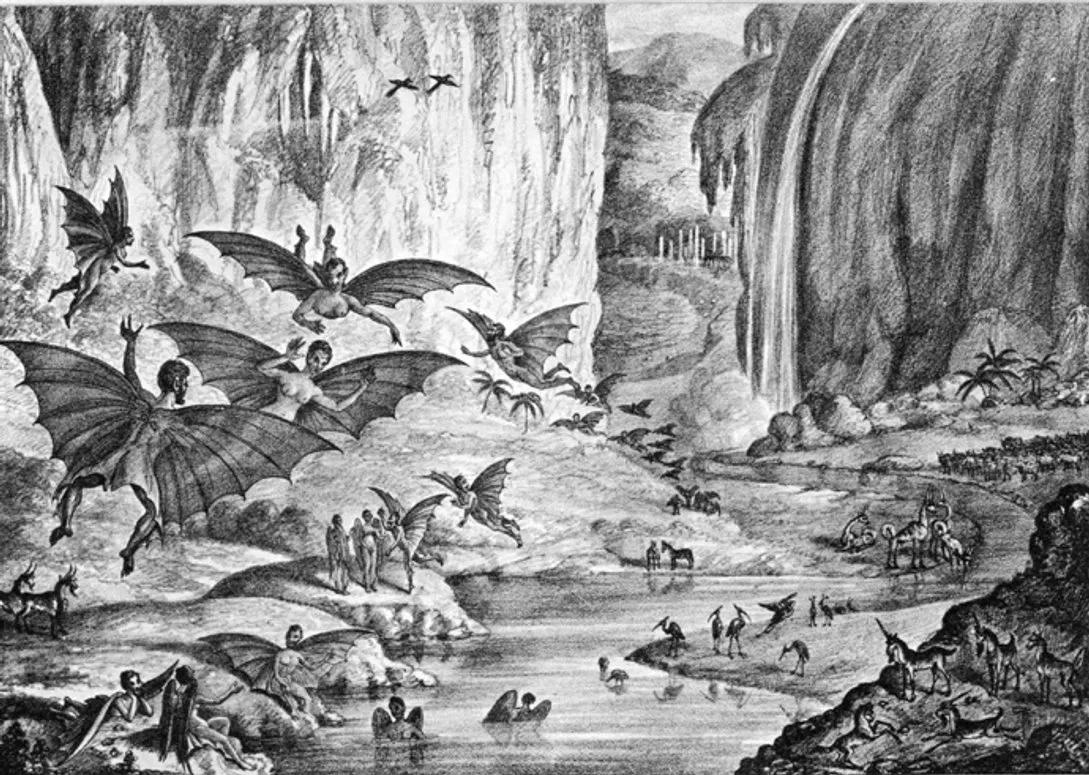 An 1835 illustration published in The Sun, showing a lunar landscape ringed by red cliffs and waterfalls.