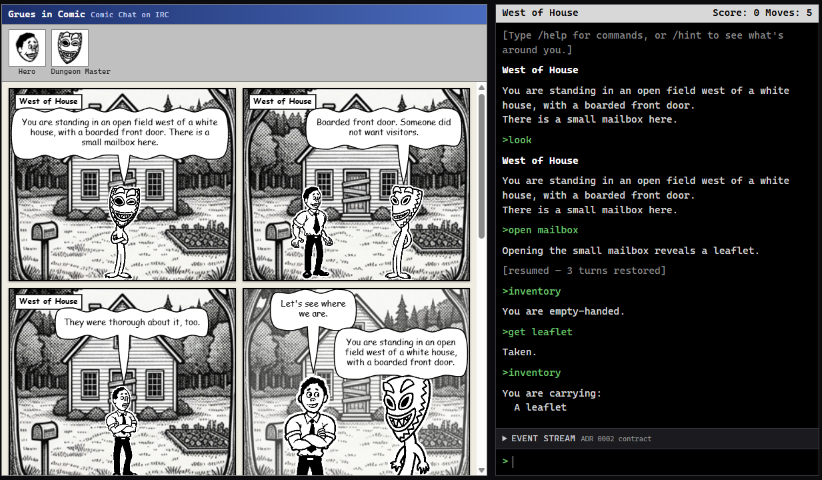 Grues in Comic gameplay screenshot: the West of House opening scene rendered as four Comic Chat panels on the left, with the Hero and Dungeon Master characters, alongside the classic Zork text output — look, open mailbox, get leaflet — on the right