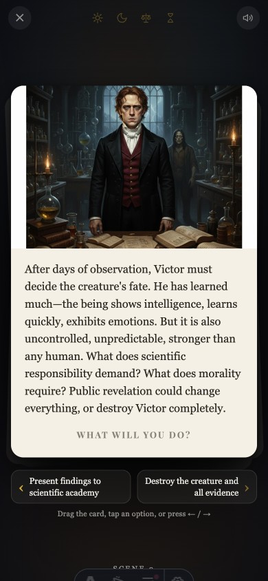 Revamped story-play screen — a single card on a dark stage, with two choices spelled out below